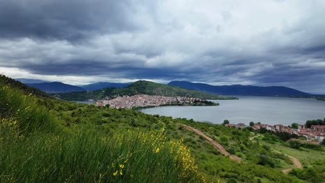 Lake-landscape-and-nature,-yellow-flower-field-in-Kastoria,-Greece-hilltop