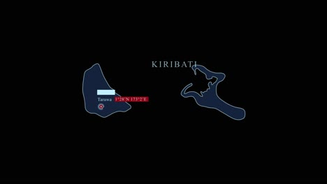 Blaue-Stilisierte-Kiribati-Karte-Mit-Tarawa-Hauptstadt-Und-Geografischen-Koordinaten-Auf-Schwarzem-Hintergrund