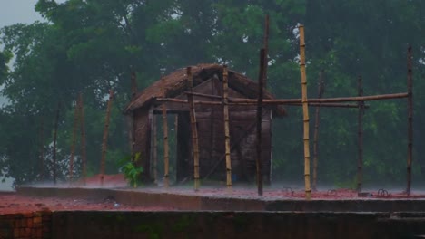 Heavy-Rain-Battered-the-Abandoned-Small-Hut,-Driven-by-a-Cyclone-During-the-Monsoon-Season-in-Bangladesh---Static-Shot