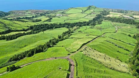 Lush-green-countryside-with-winding-roads-and-motorcyclists-on-a-sunny-day,-aerial-view