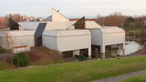 Pan-shot-of-the-LAAC-museum---Lieu-d'art-Action-Contemporaine-in-Dunkirk,-France