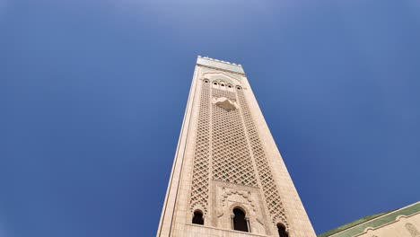 Hassan-II-Mosque-Tower-minaret-clear-blue-sky-in-Casablanca-Morocco