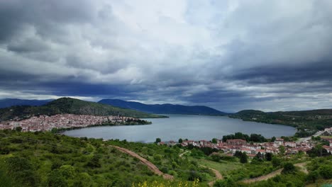 Lake-Orestiada,-Kastoria-city-of-Greece,-elevated-point-of-view-panorama-landscape