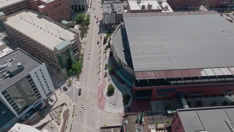 Van-Andel-Arena-in-Grand-Rapids,-Michigan-with-drone-video-pulling-back-and-tilting-up