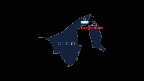 Blue-stylized-Brunei-map-with-Bandar-Seri-Begawan-capital-city-and-geographic-coordinates-on-black-background
