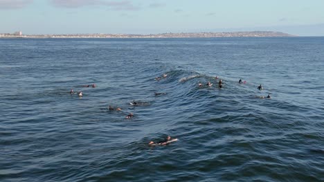 Surfistas-Sobre-Un-Enorme-Oleaje-En-La-Playa-Cerca-De-Bird-Rock-Town-En-La-Jolla,-San-Diego,-California,-EE.UU.