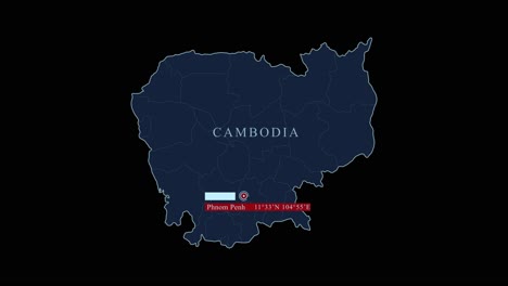 Blue-stylized-Cambodia-map-with-Phnom-Penh-capital-city-and-geographic-coordinates-on-black-background