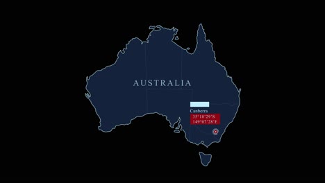 Blaue-Stilisierte-Australienkarte-Mit-Der-Hauptstadt-Canberra-Und-Geografischen-Koordinaten-Auf-Schwarzem-Hintergrund