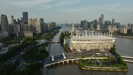 Haixinsha-Island-Stadium-in-Guangzhou-with-golden-hour-sunlight-in-aerial-view