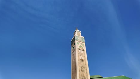 Tower-minaret-of-Hassan-II-Mosque,-clear-blue-sky-in-Casablanca-Morocco