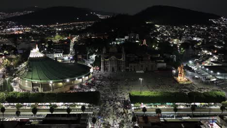 Backwards-Shot-Of-Holy-Basilica-of-Guadalupe-At-Night-Time,-Mexico-City