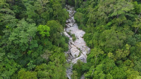 Santa-Marta,-Columbia-Waterfall-Flowing-over-Rocks-in-the-Rainforest-with-Lush-Trees-Around