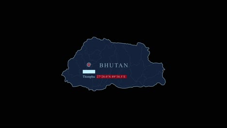 Blue-stylized-Buthan-map-with-Thimphu-capital-city-and-geographic-coordinates-on-black-background
