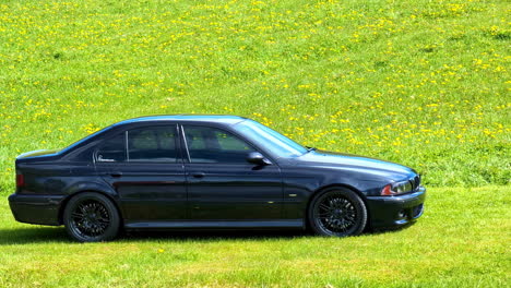 BMW-M5-E39---black,-shiny-sedan-parked-in-a-field-of-grass-and-wildflowers