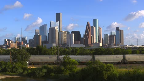 Drone-shot-moving-left-of-Downtown-Houston,-Texas-from-East-End