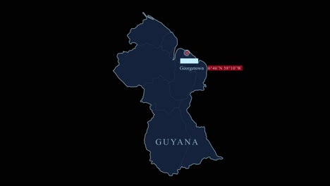 Blue-stylized-Guyana-map-with-Georgetown-capital-city-and-geographic-coordinates-on-black-background