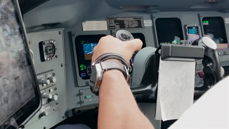 Close-up-view-of-the-flight-controls-of-a-jet-during-a-real-time-landing