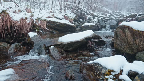 Rocas-Cubiertas-De-Nieve-Con-Un-Arroyo-Que-Fluye-En-Un-Bosque-De-Invierno