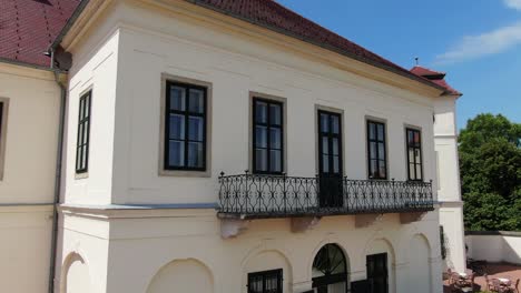 Close-up-shot-at-castle-of-Hajos,-Hungarian-historical-landmark,-building-facade