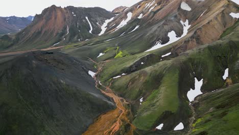 Rugged-Icelandic-highlands-with-green-slopes,-snow-patches,-and-winding-dirt-paths