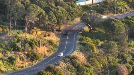 Drone-close-up-of-a-street-in-Camps-Bay-beach-in-Cape-Town-South-Africa---cars-driving-on-the-road-with-green-landscape