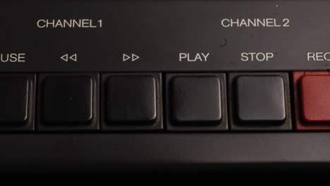 Reel-to-Reel-Tape-Recorder-and-Player-Control-Panel,-Pressing-Play-Button,-Close-Up