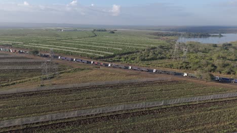 Luftaufnahme-Einer-Großen-Anzahl-Von-Lastwagen,-Die-In-Einer-Langen-Schlange-Auf-Einer-Autobahn-Vor-Einem-Grenzposten-Feststecken