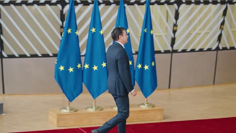 Prime-Minister-of-Portugal-Luis-Montenegro-arriving-at-the-European-Council-summit-in-Brussels,-Belgium---Slow-motion