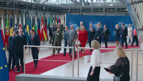 Ukrainian-President-Volodymyr-Zelensky-and-European-leaders-arriving-at-the-European-Council-in-Brussels,-Belgium---Slow-motion