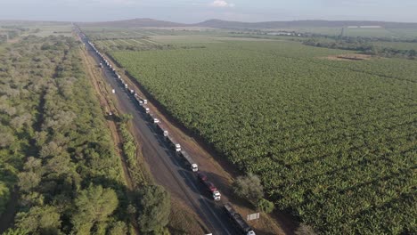 Filmische-Drohnenansicht-Einer-Großen-Anzahl-Von-Lastwagen,-Die-In-Einer-Langen-Schlange-Auf-Einer-Autobahn-Vor-Einem-Grenzposten-Feststecken