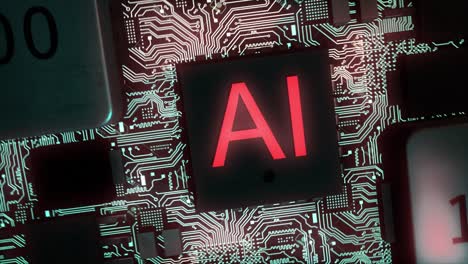 Stunning-high-quality-CGI-render-of-an-integrated-circuit-board-featuring-red-glowing-AI-text-and-shining-teal-circuits,-with-a-smooth-clockwise-rotation-pushing-in-slowly-on-the-central-AI-chip