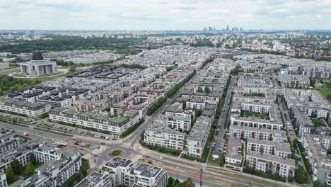 Wilanow,-Drone-aerial-photo-of-modern-residential-buildings-in-Wilanow-area-of-Warsaw,-Poland