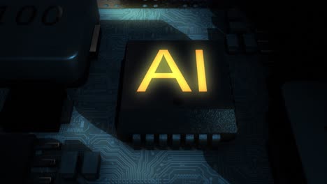 Representación-Cgi-Oscura-Y-Siniestra-De-Alta-Calidad-De-Una-Placa-De-Circuito-Integrado-Con-Un-Chip-De-IA-Naranja-Brillante,-Con-Un-Movimiento-Suave-De-La-Cámara-En-El-Sentido-De-Las-Agujas-Del-Reloj-Empujando-Lentamente-El-Chip-De-IA-Central