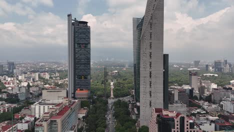 Paseo-de-la-Reforma-from-the-air,-drone-view-over-Mexico-City