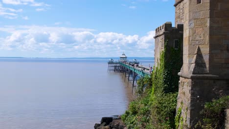 Close-up-view-of-Clevedon-pier,-grade-1-listed-heritage-building-and-the-Severn-estuary-in-popular-seaside-town-of-Somerset,-England-UK