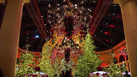 Magical-Christmas-Decorations-and-Lights-in-Bellagio-Casino-Hotel,-Las-Vegas-Nevada-USA