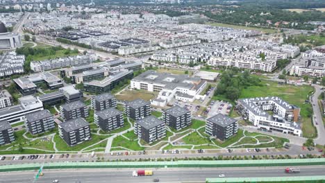 Wilanow,-Drone-aerial-photo-of-modern-residential-buildings-in-Wilanow-area-of-Warsaw,-Poland