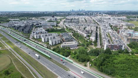 Wilanow,-Drone-aerial-photo-of-modern-residential-buildings-in-Wilanow-area-of-Warsaw,-Poland