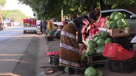 Afrikanische-Dame-Auf-Einem-Obst--Und-Gemüsemarkt-Packt-Ihre-Vorräte-Ein