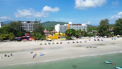 Drone-view-from-Cenang-Beach,-Langkawi,-Kedah,-Malaysia-during-a-sunny-day