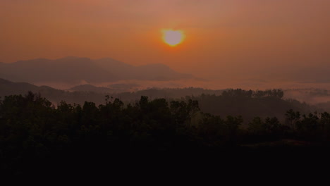 Nebliger-Sonnenaufgang-In-Den-Bergen,-Nebliger-Kiefernwald-Am-Berghang-In-Einem-Naturschutzgebiet