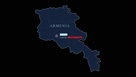 Blue-stylized-Armenia-map-with-capital-city-and-geographic-coordinates-on-black-background