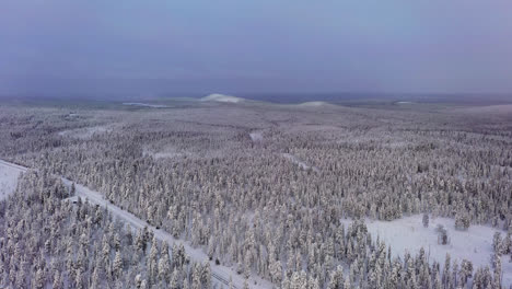 Vista-Aérea-Sobre-Bosques-Nevados,-Hacia-Las-Colinas-De-Laponia,-Sombría-Mañana-De-Invierno