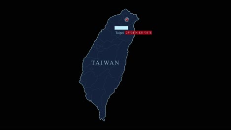 Blue-Taiwan-map-with-Taipei-capital-city-and-geographic-coordinates-on-black-background