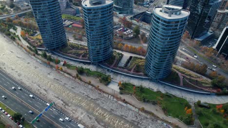 Aerial-high-angle-shot-around-the-Titanium-park,-autumn-day-in-Providencia,-Chile