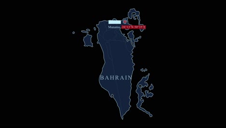 Blue-stylized-Bahrain-map-with-Manama-capital-city-and-geographic-coordinates-on-black-background