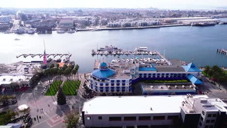 Drone-Shot-of-Jack-London-Square-Marina,-Oakland-City-Waterfront,-California-USA