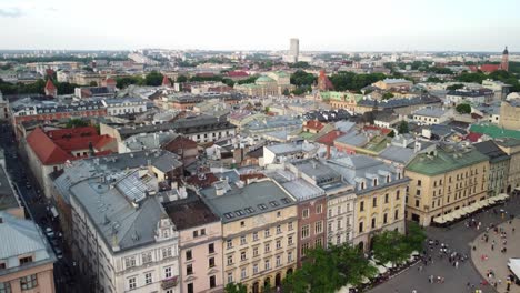 Aerial-footage-of-Krakow's-Old-Town-Square,-historic-buildings,-streets,-and-a-blend-of-architectural-styles,-UNESCO-World-Heritage-site,-Krakow,-Poland