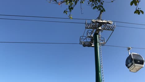 Skyline-gondola-glides-along-the-cables-under-a-clear-blue-sky-in-Rotorua-New-Zealand