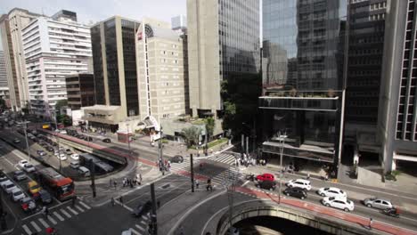 Pan-of-downtown-traffics-on-Sao-Paulo-Avenida-Paulista-during-day,-Brazil